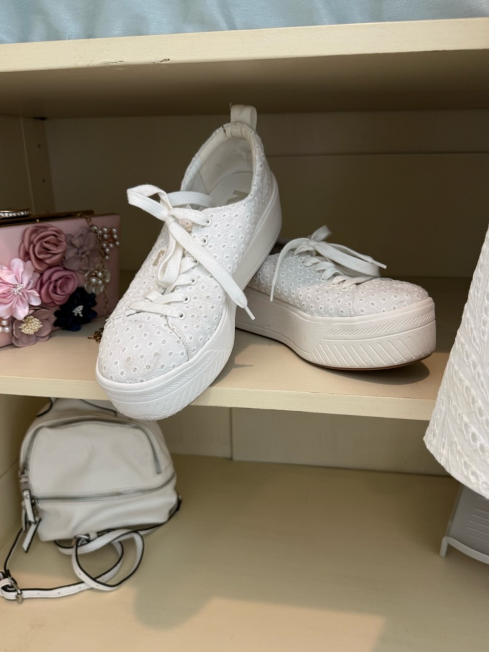 2 for U. White eyelet double up sneakers by Keds & Steve Madden small backpack.